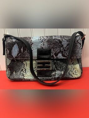 Faux Snake-Print Shoulder Bag with Silver Hardware — Black and Gray